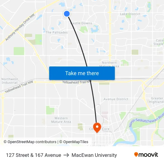 127 Street & 167 Avenue to MacEwan University map
