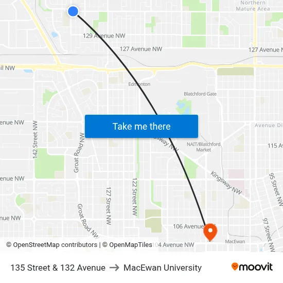 135 Street & 132 Avenue to MacEwan University map