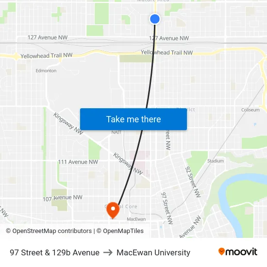 97 Street & 129b Avenue to MacEwan University map