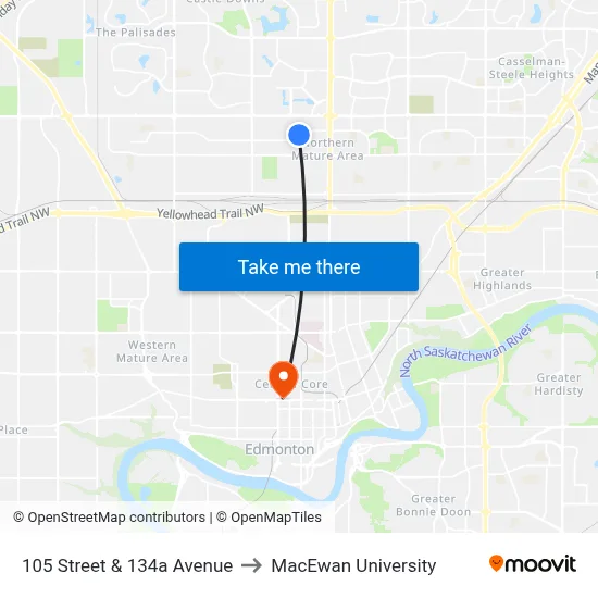105 Street & 134a Avenue to MacEwan University map
