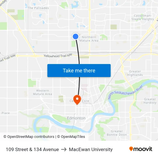 109 Street & 134 Avenue to MacEwan University map