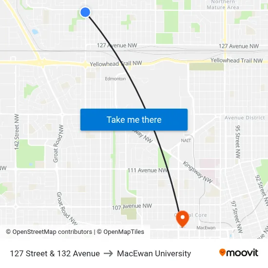 127 Street & 132 Avenue to MacEwan University map