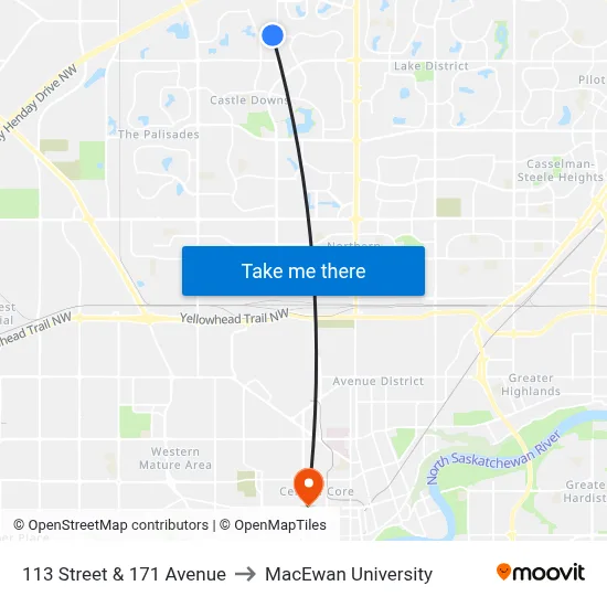 113 Street & 171 Avenue to MacEwan University map