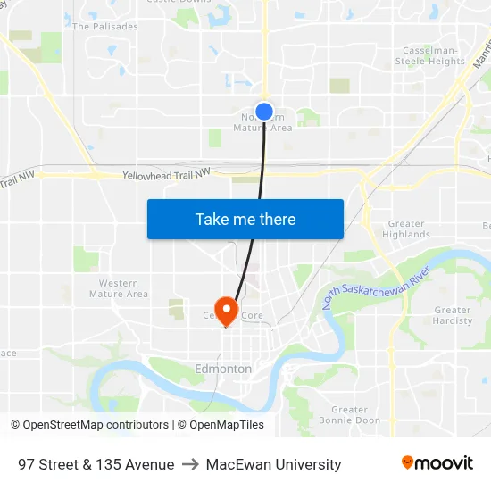 97 Street & 135 Avenue to MacEwan University map