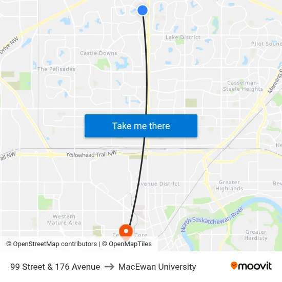 99 Street & 176 Avenue to MacEwan University map
