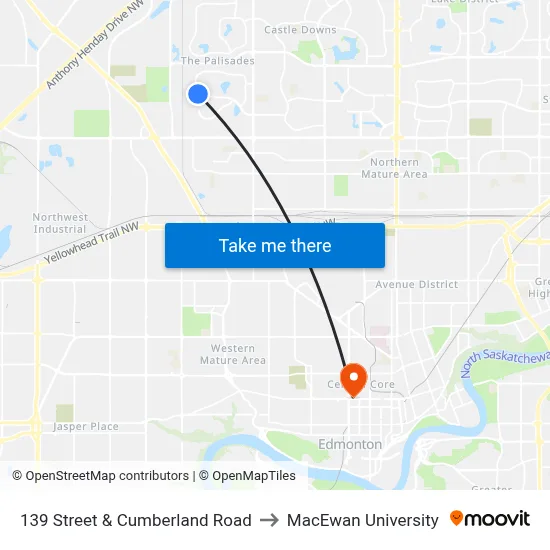 139 Street & Cumberland Road to MacEwan University map