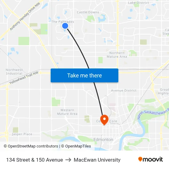 134 Street & 150 Avenue to MacEwan University map