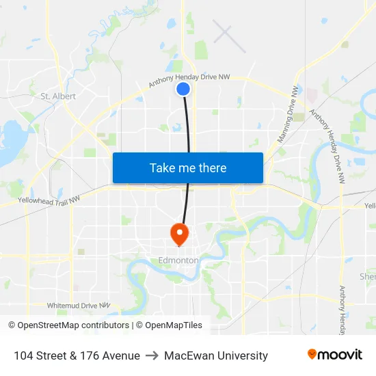 104 Street & 176 Avenue to MacEwan University map