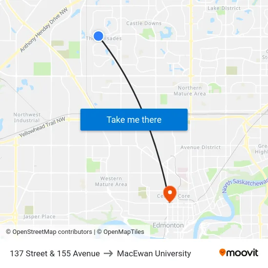 137 Street & 155 Avenue to MacEwan University map