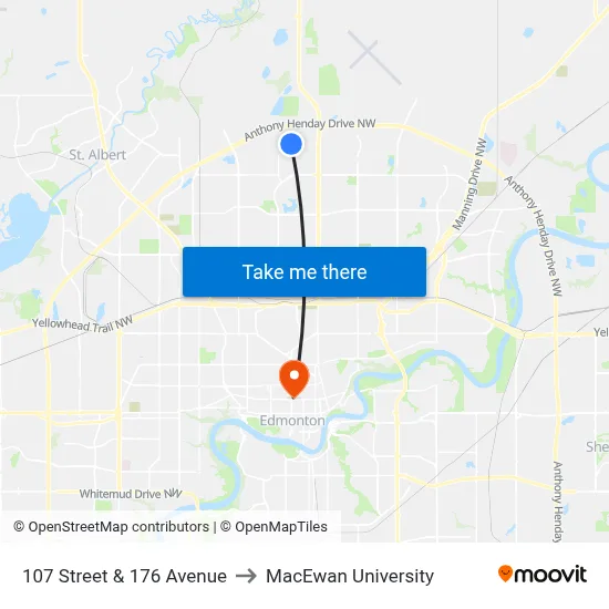 107 Street & 176 Avenue to MacEwan University map