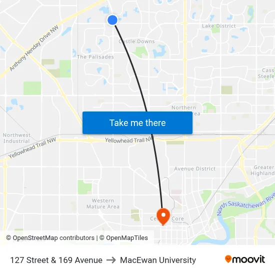 127 Street & 169 Avenue to MacEwan University map