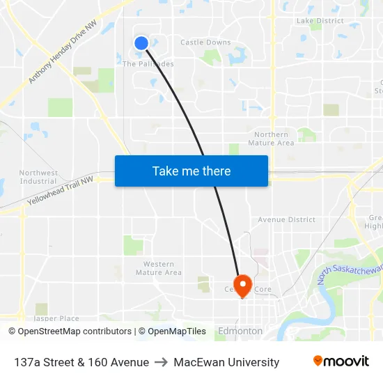 137a Street & 160 Avenue to MacEwan University map