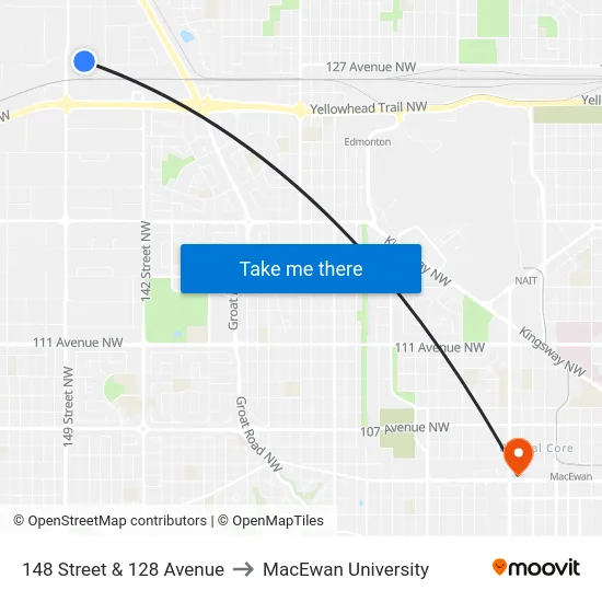 148 Street & 128 Avenue to MacEwan University map