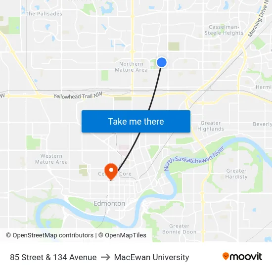 85 Street & 134 Avenue to MacEwan University map