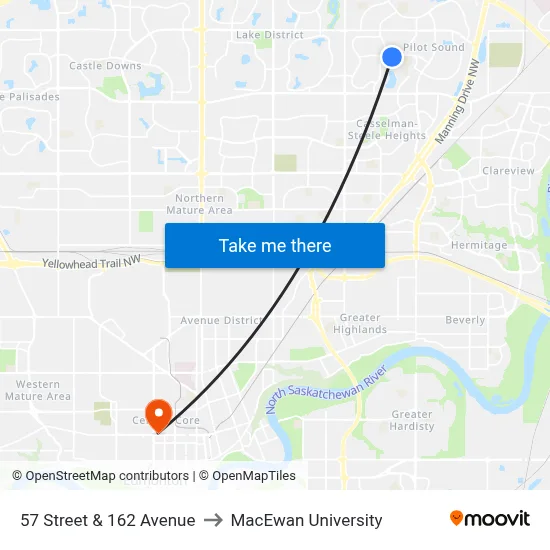 57 Street & 162 Avenue to MacEwan University map
