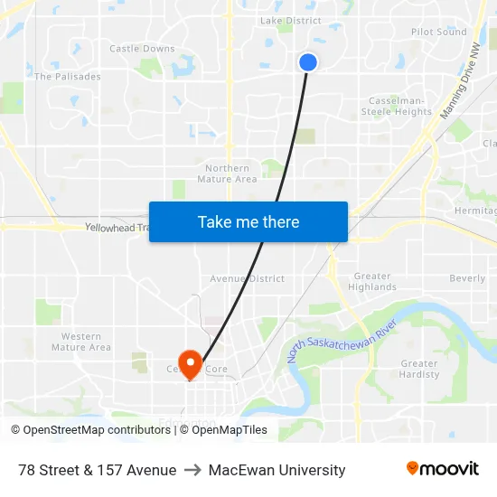 78 Street & 157 Avenue to MacEwan University map