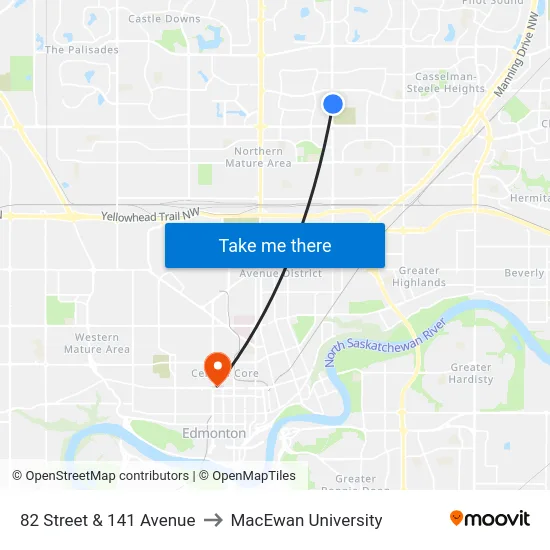 82 Street & 141 Avenue to MacEwan University map