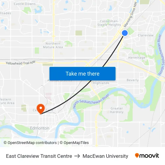 East Clareview Transit Centre to MacEwan University map
