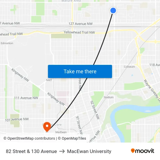 82 Street & 130 Avenue to MacEwan University map
