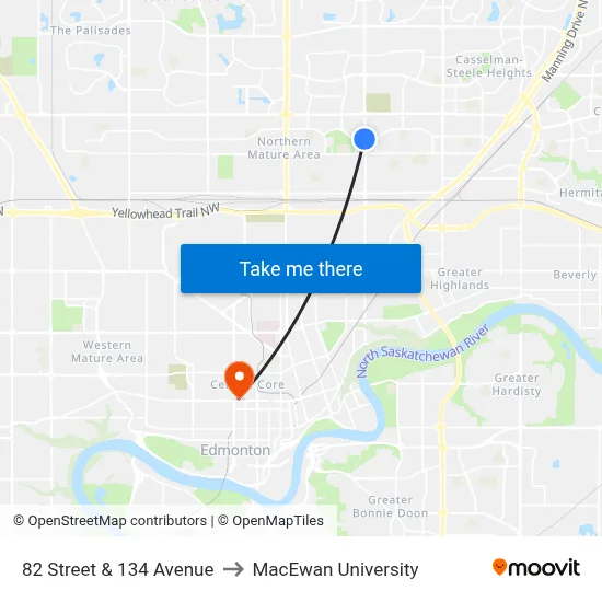 82 Street & 134 Avenue to MacEwan University map