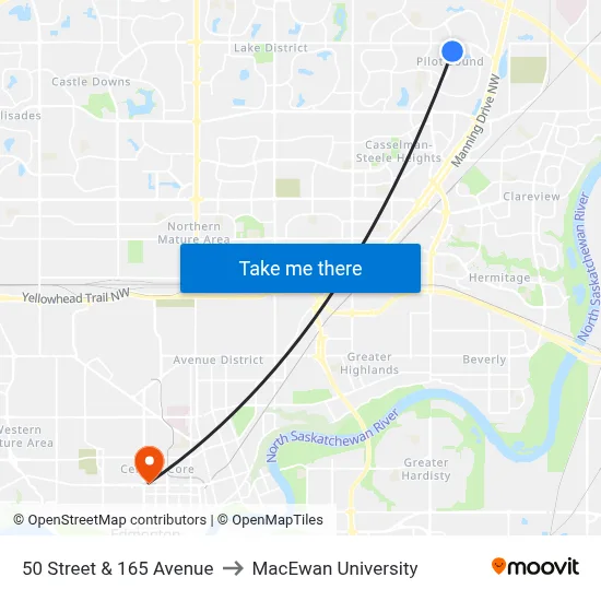 50 Street & 165 Avenue to MacEwan University map