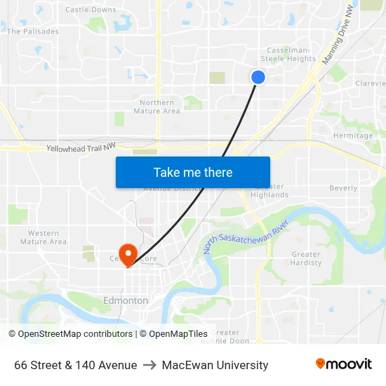 66 Street & 140 Avenue to MacEwan University map