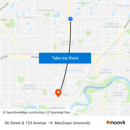 96 Street & 153 Avenue to MacEwan University map