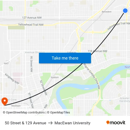 50 Street & 129 Avenue to MacEwan University map
