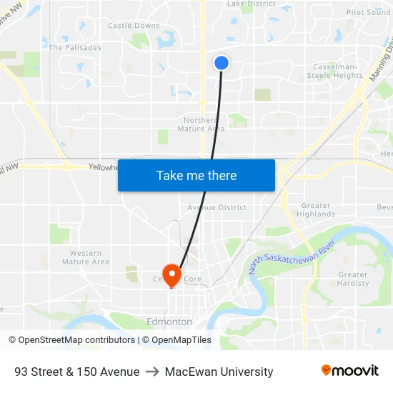 93 Street & 150 Avenue to MacEwan University map