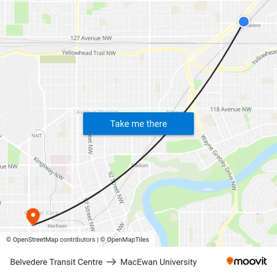 Belvedere Transit Centre to MacEwan University map