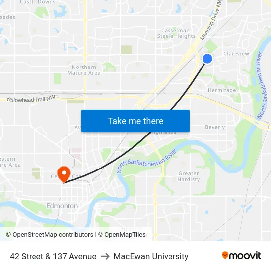 42 Street & 137 Avenue to MacEwan University map
