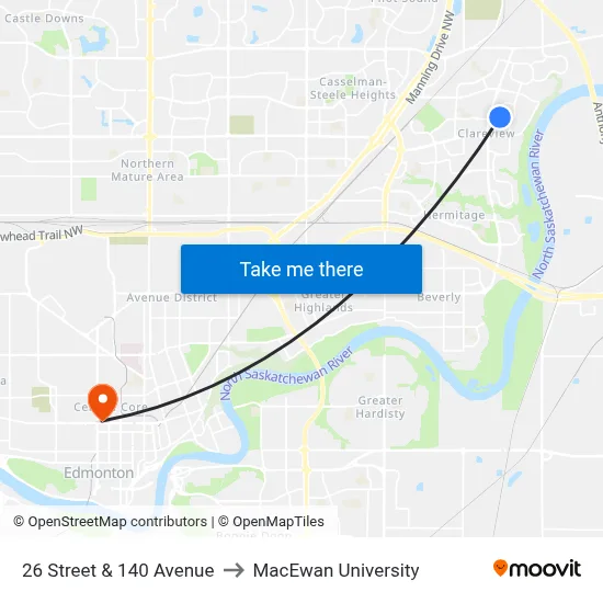26 Street & 140 Avenue to MacEwan University map