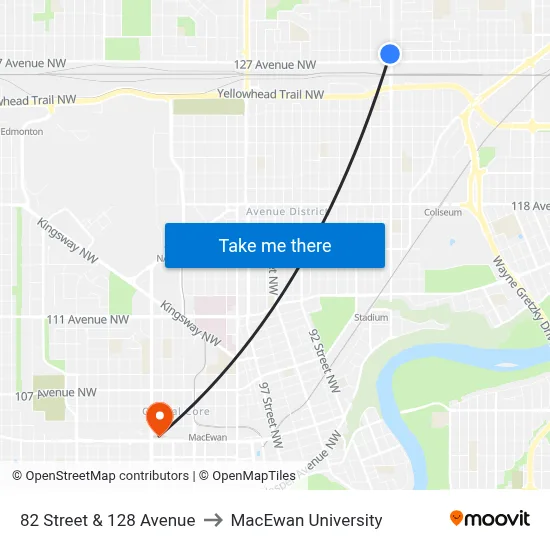 82 Street & 128 Avenue to MacEwan University map