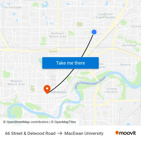 66 Street & Delwood Road to MacEwan University map