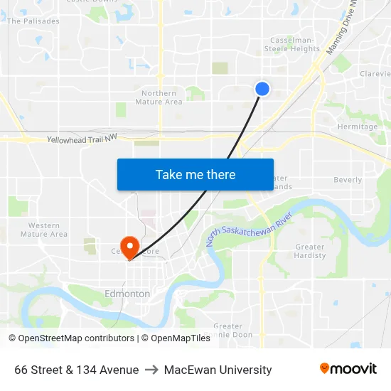 66 Street & 134 Avenue to MacEwan University map