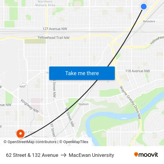 62 Street & 132 Avenue to MacEwan University map