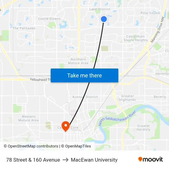 78 Street & 160 Avenue to MacEwan University map