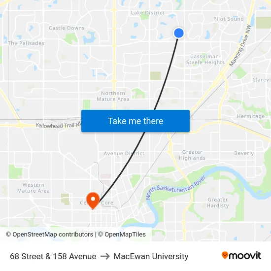 68 Street & 158 Avenue to MacEwan University map