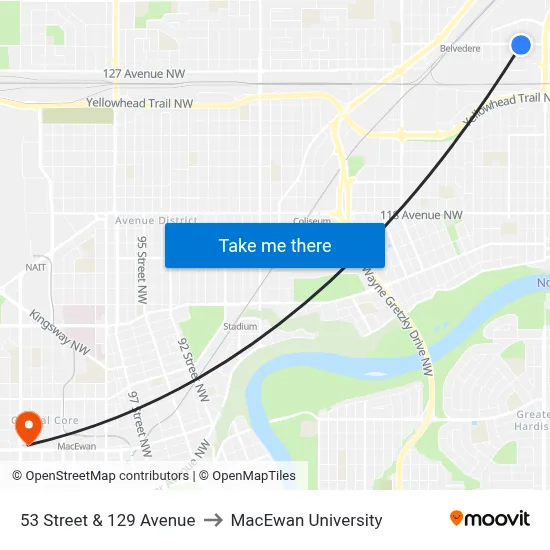 53 Street & 129 Avenue to MacEwan University map