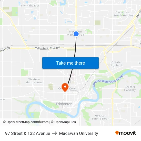 97 Street & 132 Avenue to MacEwan University map