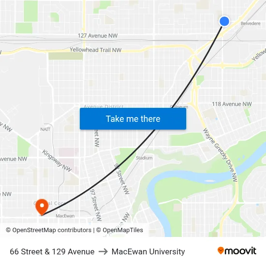 66 Street & 129 Avenue to MacEwan University map