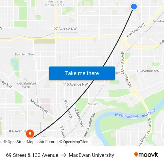 69 Street & 132 Avenue to MacEwan University map