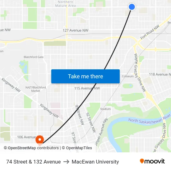 74 Street & 132 Avenue to MacEwan University map