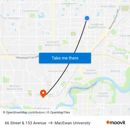 66 Street & 153 Avenue to MacEwan University map