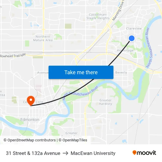 31 Street & 132a Avenue to MacEwan University map