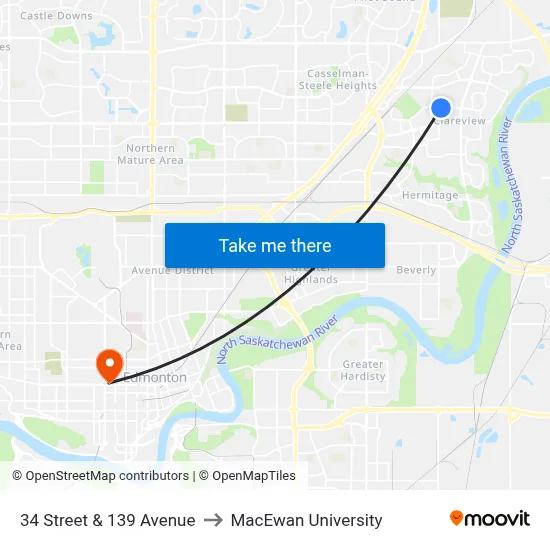 34 Street & 139 Avenue to MacEwan University map