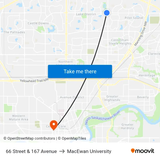 66 Street & 167 Avenue to MacEwan University map