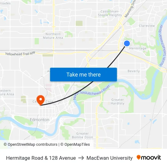 Hermitage Road & 128 Avenue to MacEwan University map