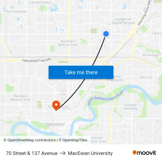 70 Street & 137 Avenue to MacEwan University map