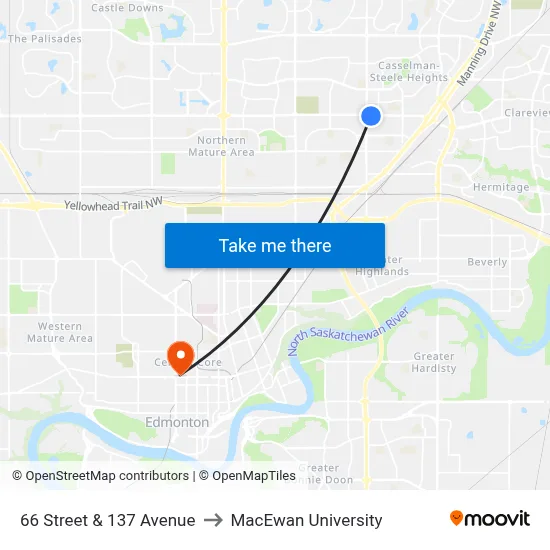 66 Street & 137 Avenue to MacEwan University map